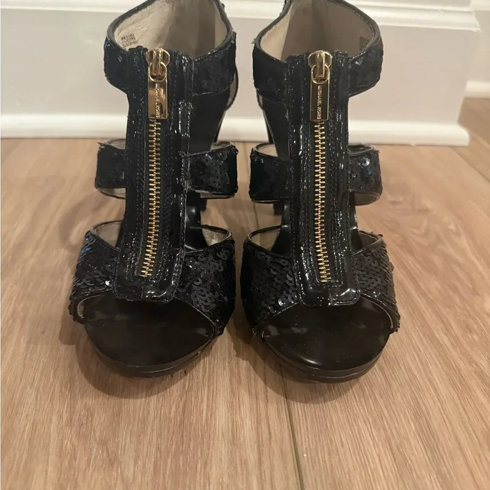 Michael Kors Black Sequence Heels with gold zipper